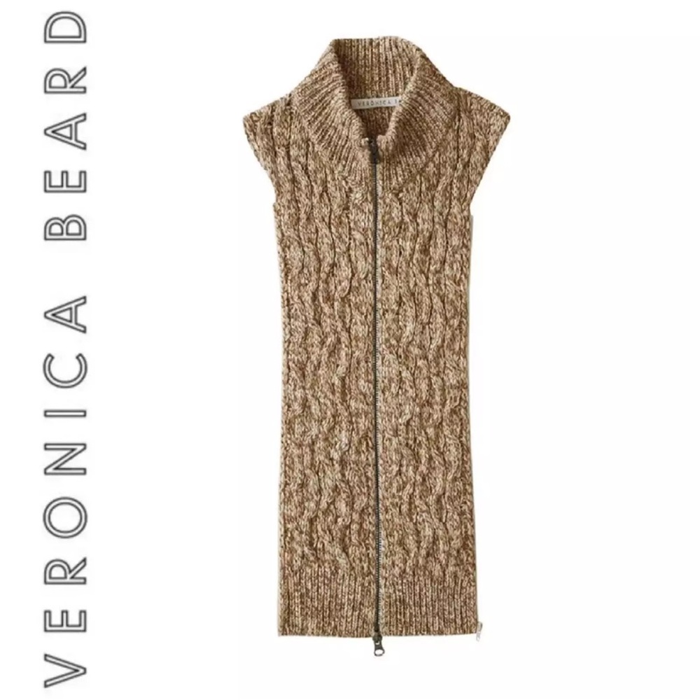 $258 Veronica Beard Coralia cable knit Dickey Jacket insert zip tan white